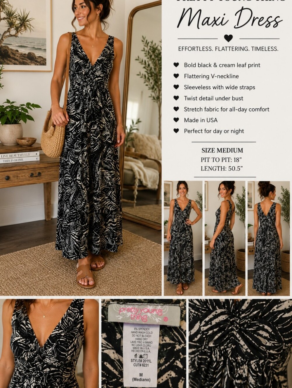 Black and White Leaf-Print V-Neck Maxi Dress with Twist Front